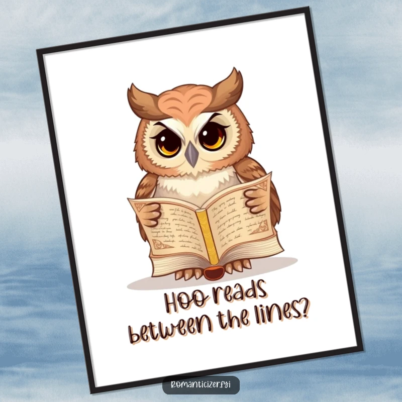 Free Printable Wall Art: Wise owl deeply focused on reading poetry from an ancient, richly decorated book.