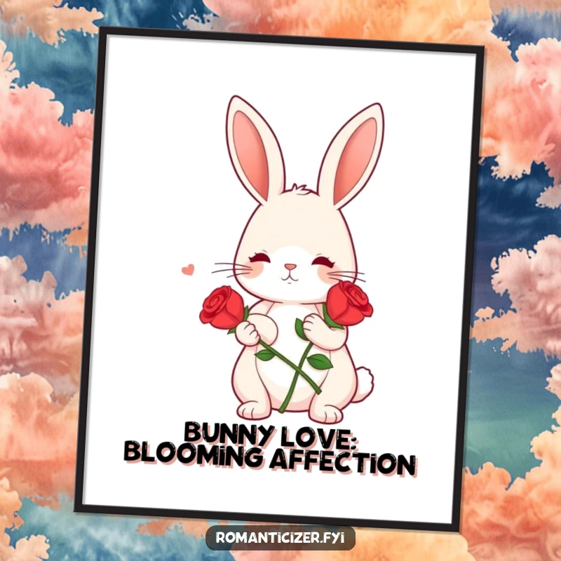 Funny Free Printable Wall Art: A cute bunny holding a single red rose, gazing dreamily, radiating love.