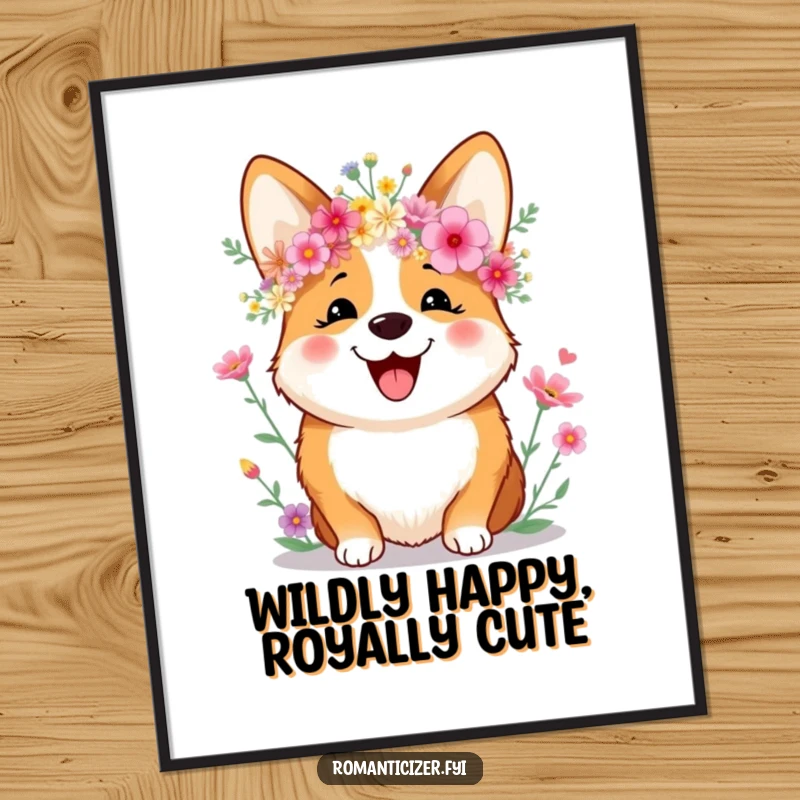 Funny Free Printable Wall Art: A joyful corgi wears a crown of colorful wildflowers with a sweet, captivating smile. Downloadable art.
