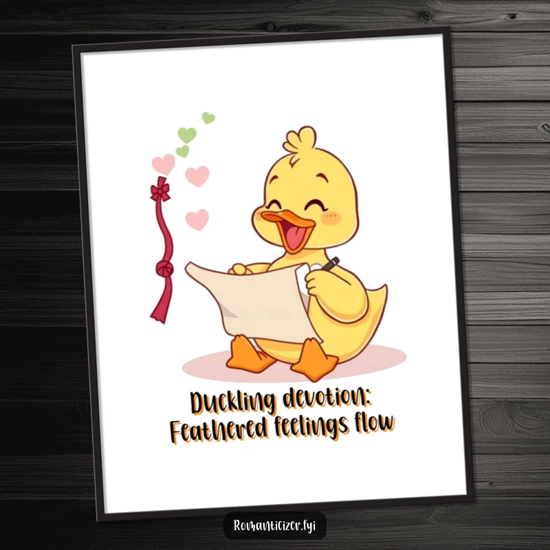 Funny Free Printable Wall Art: A delighted duckling writing a love poem on an old scroll with a quill.