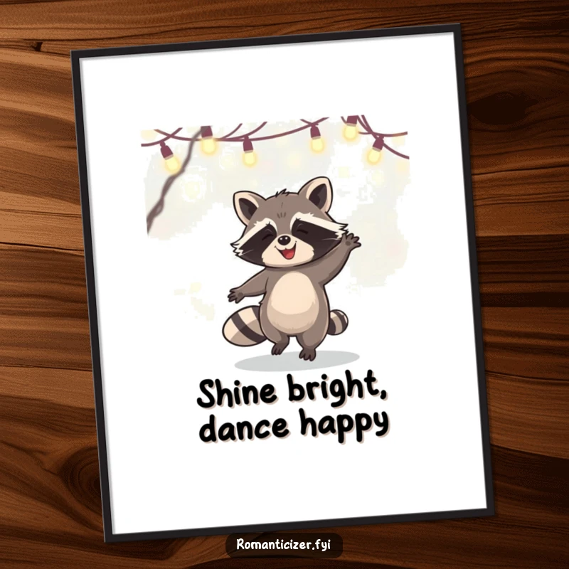 Funny Free Printable Wall Art: A happy raccoon dances energetically under a canopy of glowing fairy lights. Whimsical, downloadable decor.