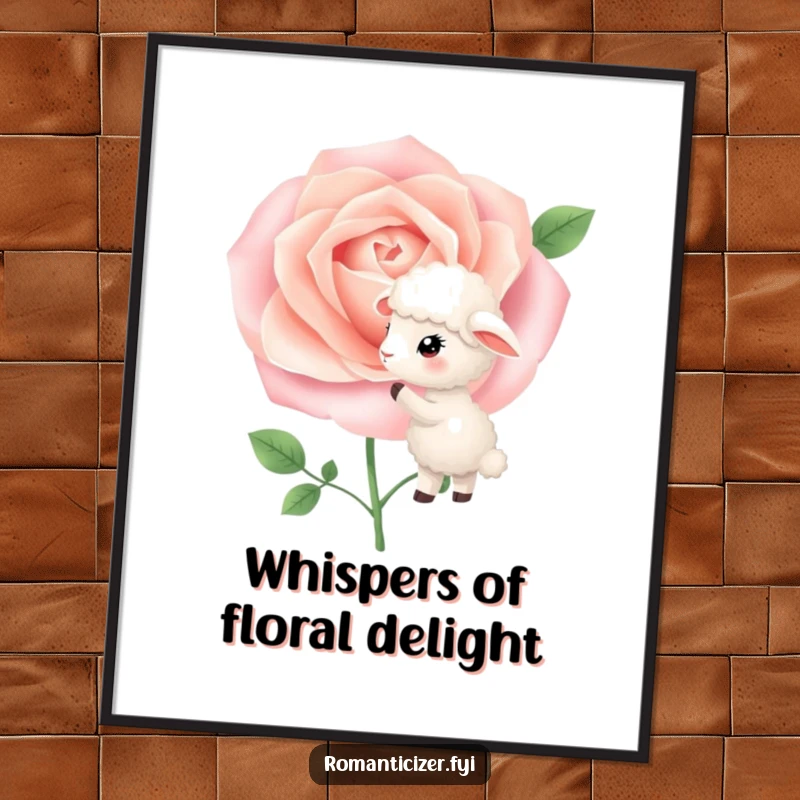 Funny Free Printable Wall Art: A little sheep whispers secrets into a blooming rose, creating a serene and charming scene. Downloadable art.