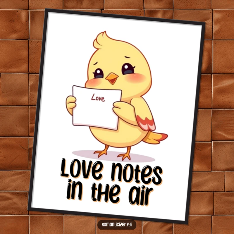 Funny free printable wall art: A small bird joyfully holds a love letter aloft, spreading cheer and affection.