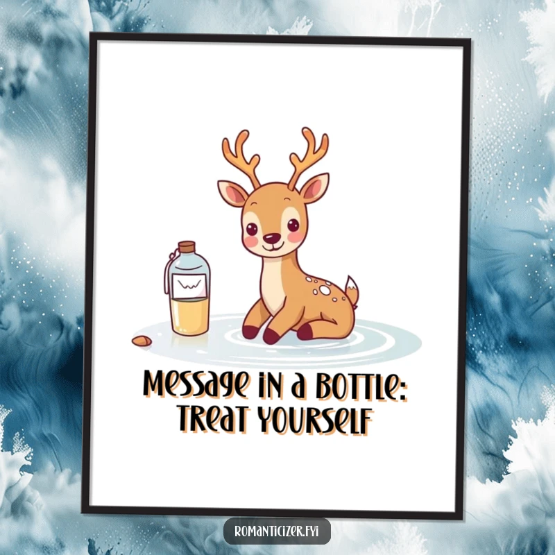 Funny Free Printable Wall Art: A smiling deer sends a message in a bottle floating serenely on calm water.