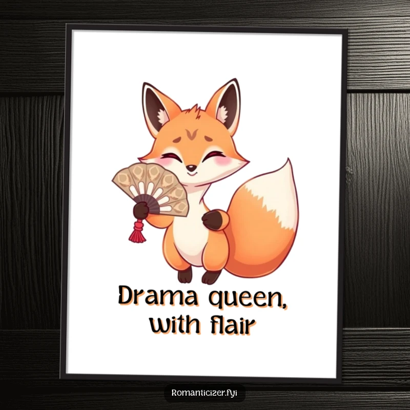 Funny Free Printable Wall Art: Playful fox holding a large, ornate fan, gesturing with dramatic flair.