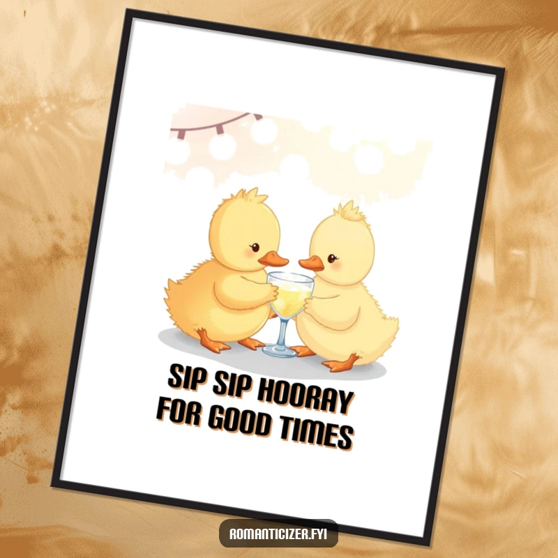 Funny Free Printable Wall Art: A cute duckling clinks a bubbly drink under soft lights, radiating festive cheer.