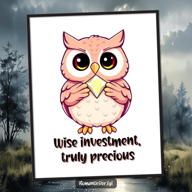 Funny Free Printable Wall Art: A happy owl proudly presents a single, perfectly crafted jewel, radiating wisdom and accomplishment.