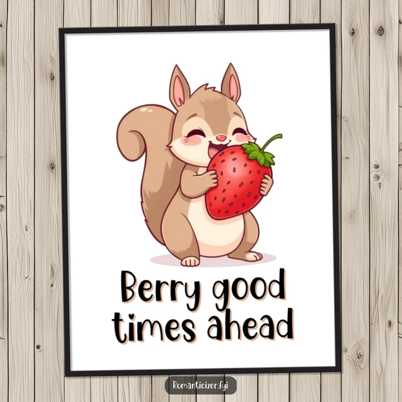 Funny free printable wall art: a delighted squirrel happily shares a single, oversized strawberry, representing abundance and friendship.