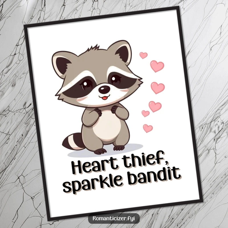 Free Printable Wall Art: Playful raccoon leaving a dazzling trail of sparkling hearts as it dashes by.