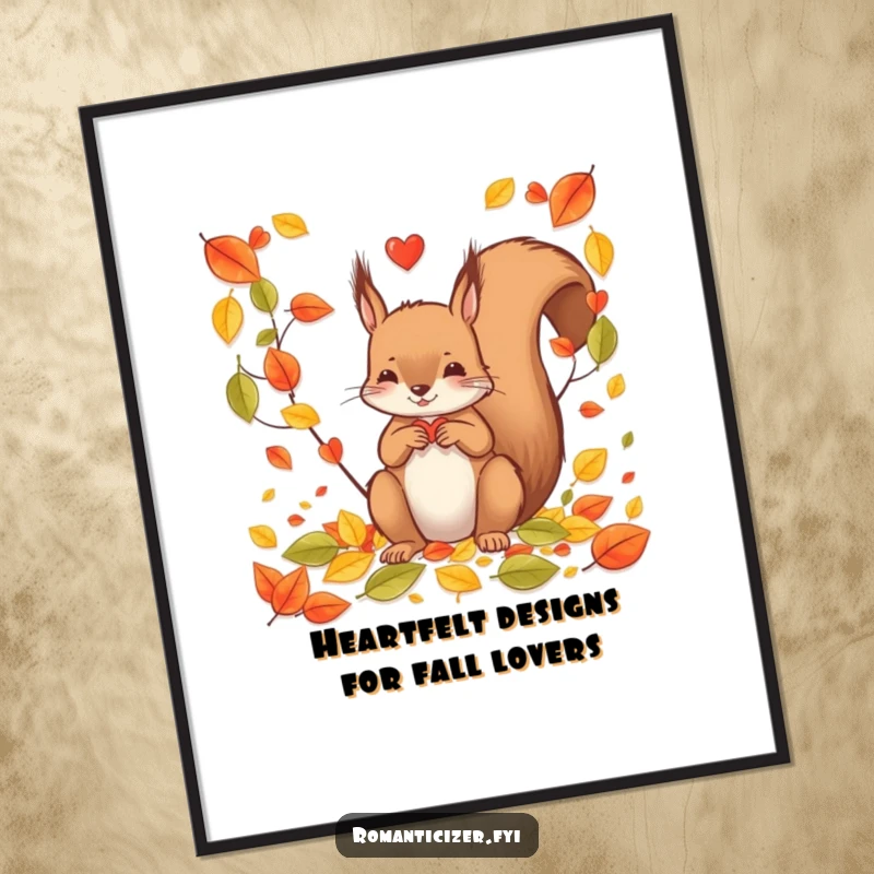 Funny Free Printable Wall Art: A joyful squirrel arranges colorful leaves into a perfect heart shape, adding charm.