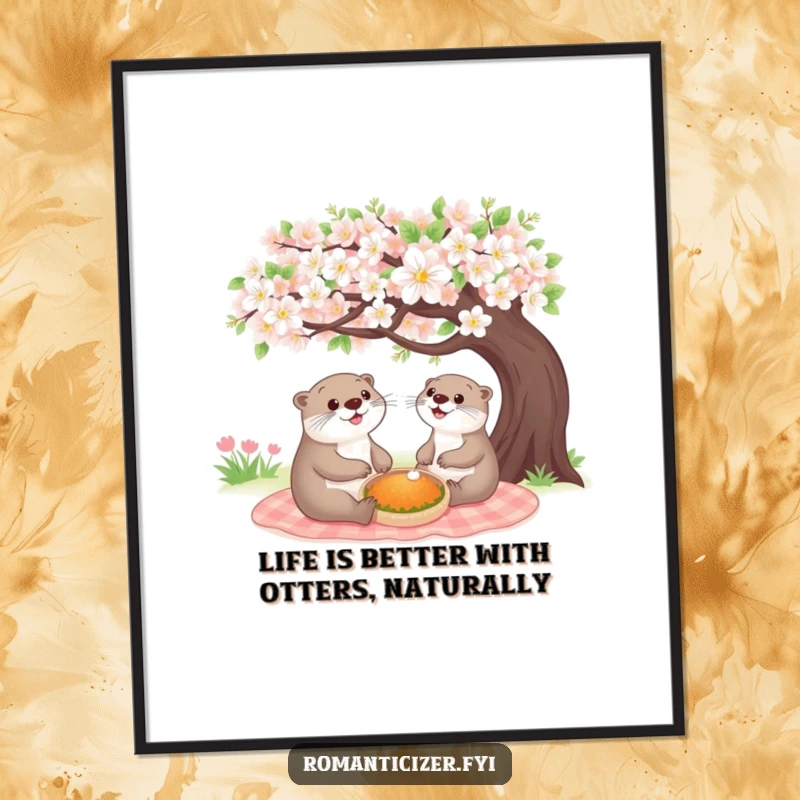 Funny Free Printable Otter Wall Art: A cheerful otter shares a picnic beneath a blooming tree, radiating joy. A downloadable gift.