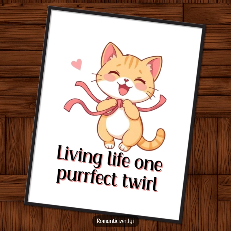 Funny Free Printable Wall Art: A happy, playful cat twirling with a vibrant ribbon, radiating pure joy and fun.