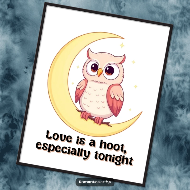 Funny Free Printable Wall Art: A romantic owl serenely perched on a crescent moon against a backdrop of sparkling stars.