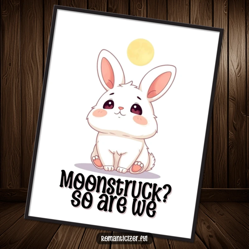 Funny Free Printable Wall Art of a fluffy bunny with blush, adorably gazing at the moon.