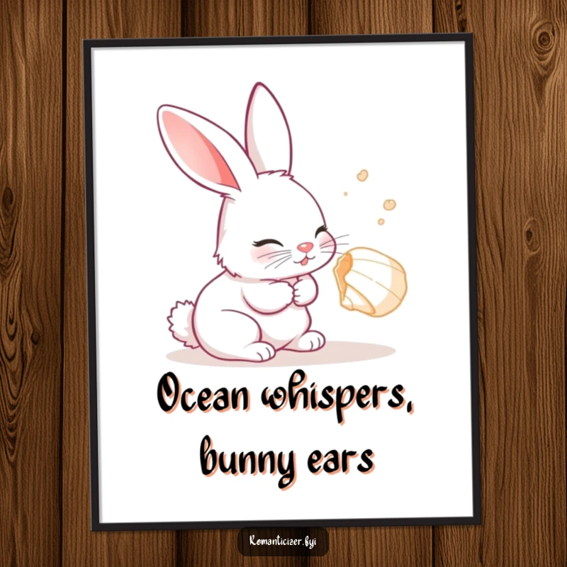 Funny Free Printable Wall Art: A curious rabbit listens with delight to a whispering seashell, creating a whimsical and charming scene.