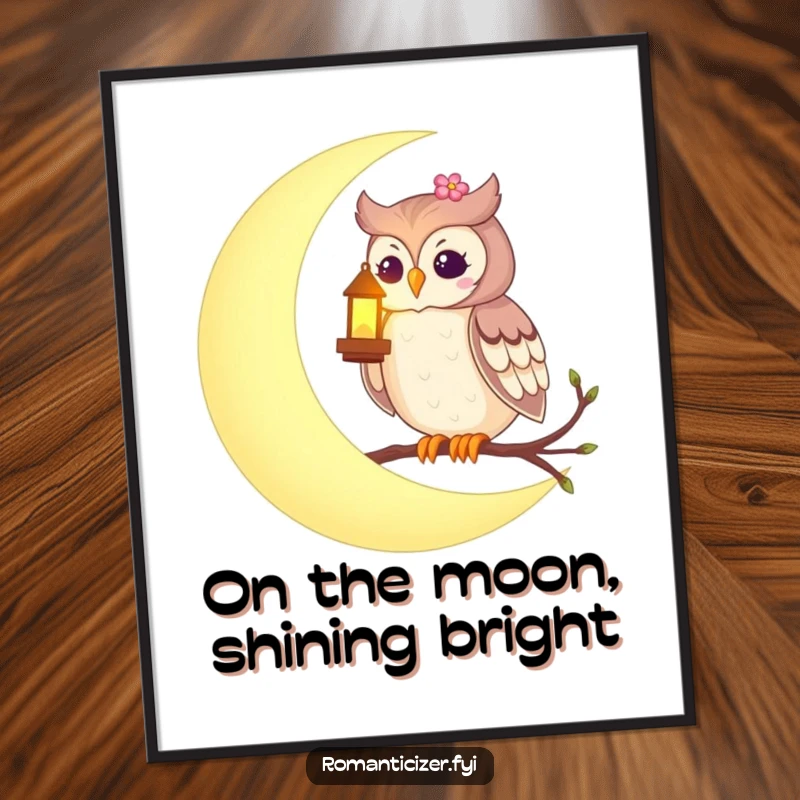 Free Printable Wall Art: A romantic owl perched on a crescent moon, holding a bright, glowing lantern.