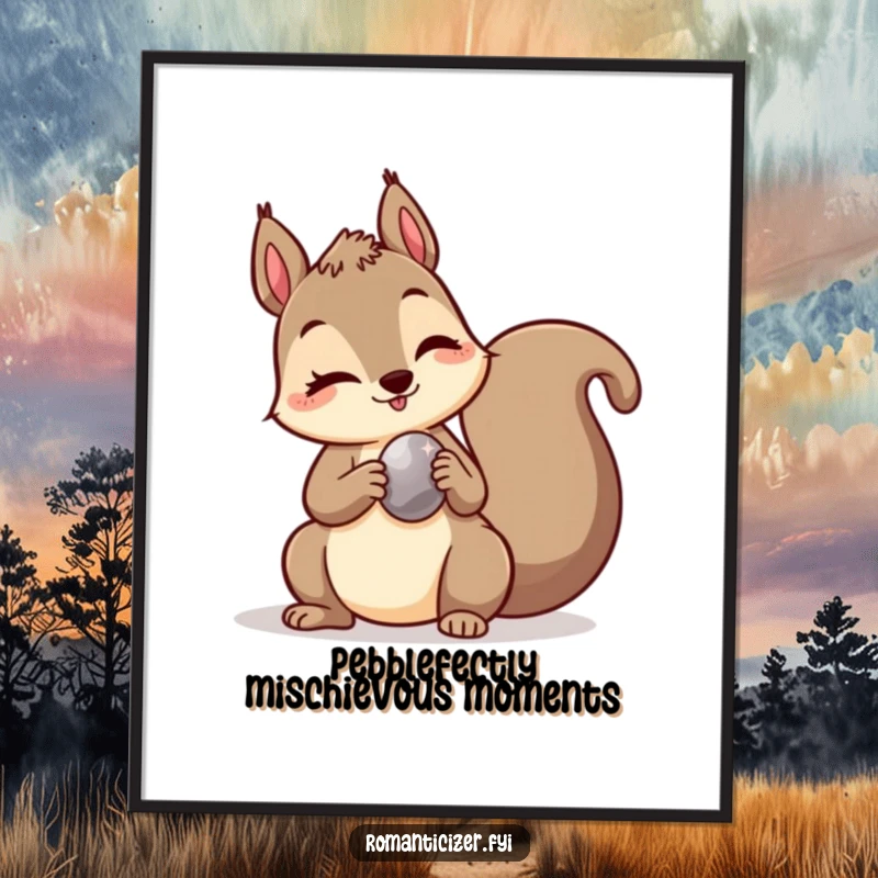 Funny free printable wall art of a mischievous squirrel giving a wink while holding a shiny pebble, adding playful character to any room.
