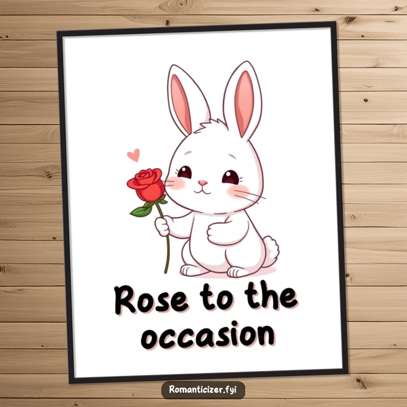 Funny Free Printable Wall Art: Shy rabbit blushing, offering a single red rose with wide, hopeful eyes.