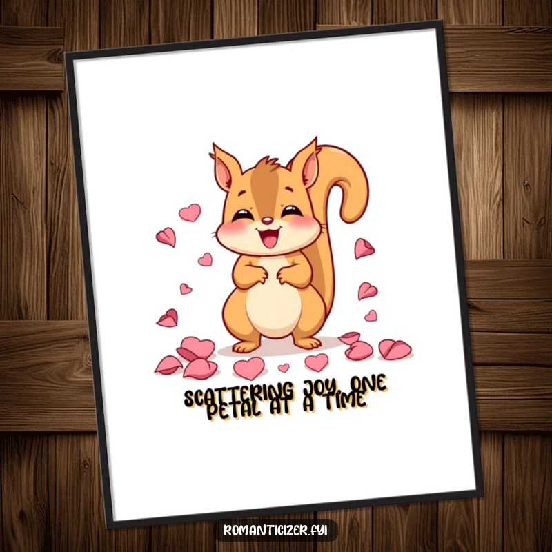 Free Printable Wall Art: A delighted squirrel scattering a cascade of vibrant rose petals, full of joy.