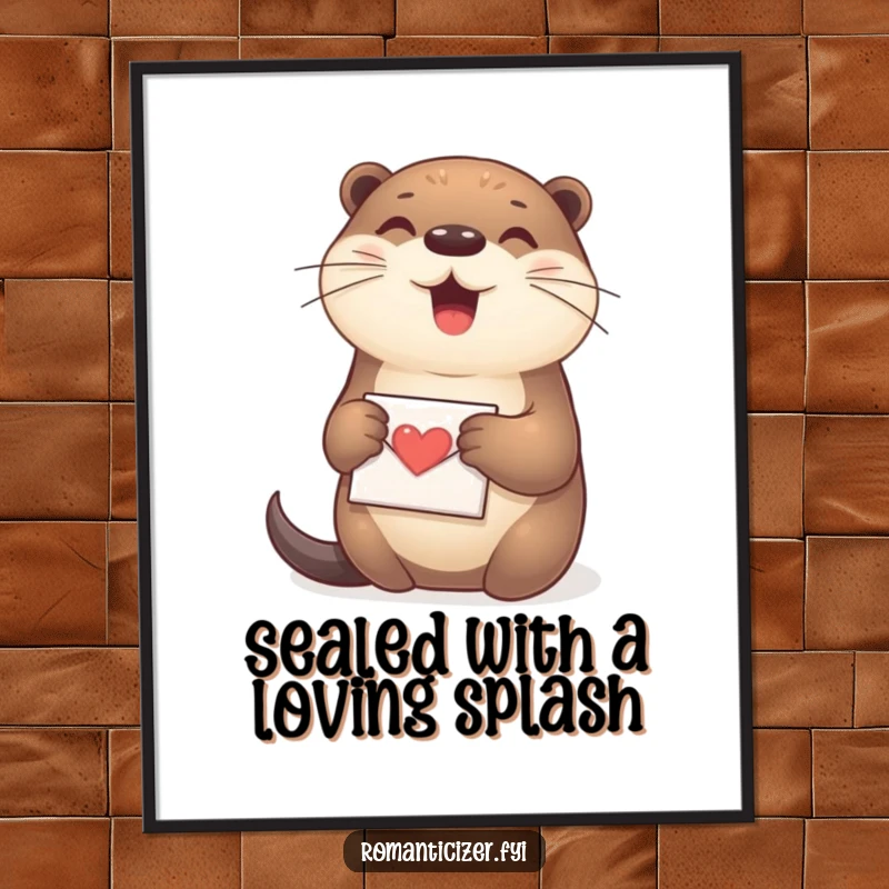 Funny Free Printable Wall Art: A happy otter clutches a tiny love letter to its chest, creating a cute and heartwarming piece.