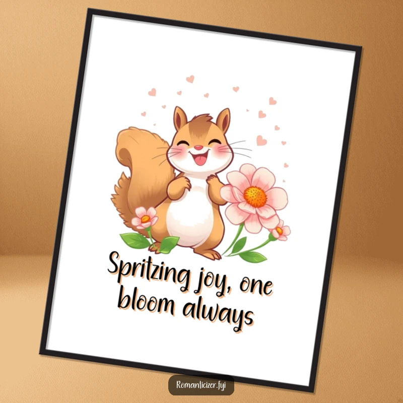Funny Free Printable Wall Art: A joyful squirrel showers a flower with sweet-smelling perfume, creating a whimsical and delightful scene.