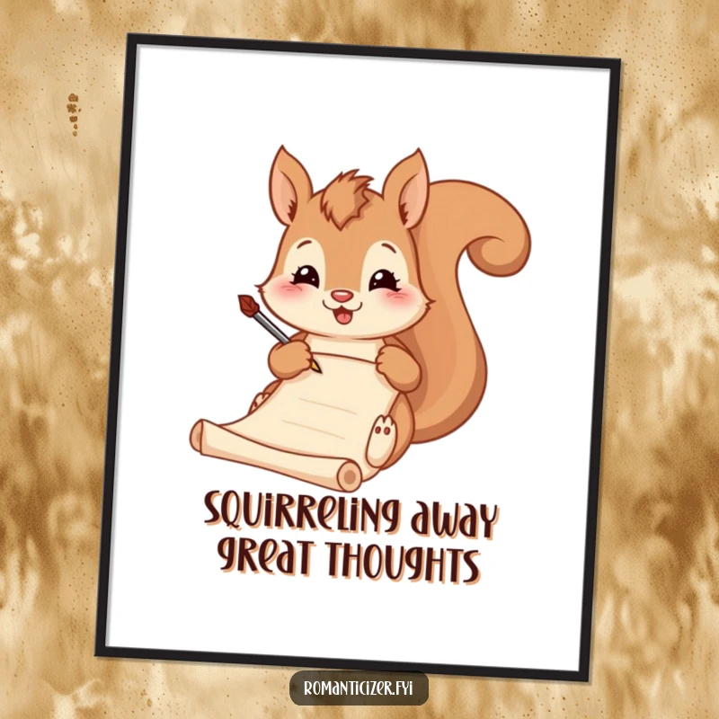 Funny Free Printable Wall Art: A smiling squirrel writer using a quill and scroll, creating literary art.