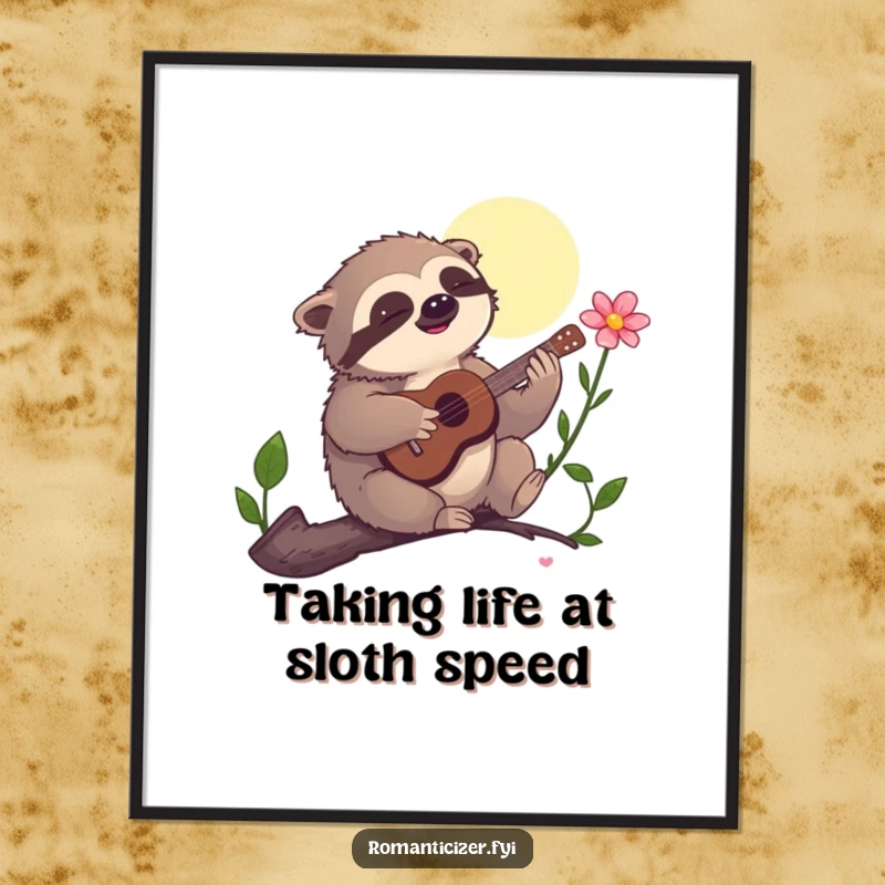 Funny Free Printable Wall Art: A sloth playing a tiny guitar, serenading a flower in the moonlight.