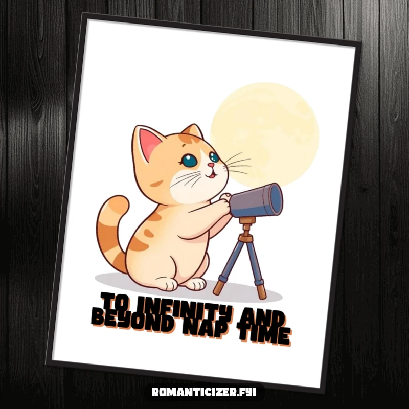Funny Free Printable Wall Art: A whimsical cat gazes at the starry night sky through a small telescope, adding humor.