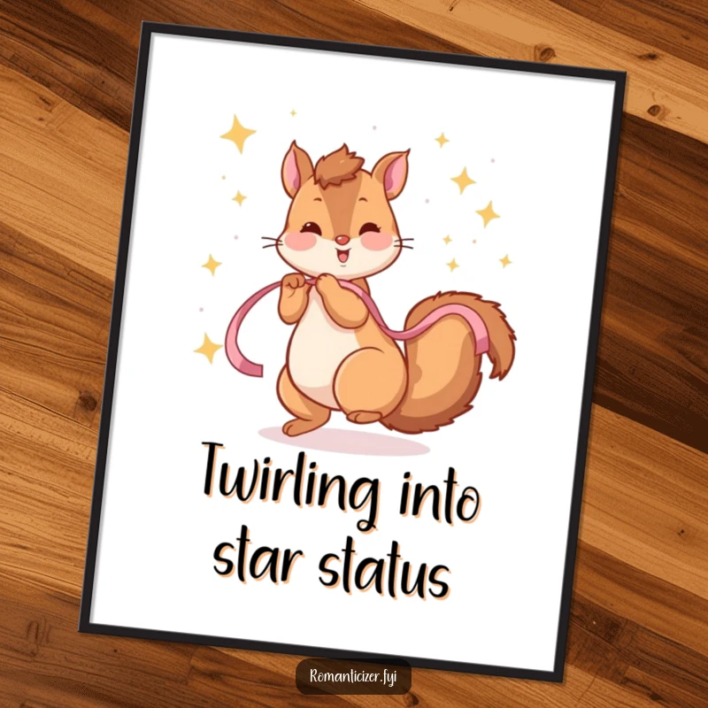 Funny Free Printable Wall Art: A playful squirrel joyfully twirls with a ribbon, surrounded by a magical display of sparkling stars.