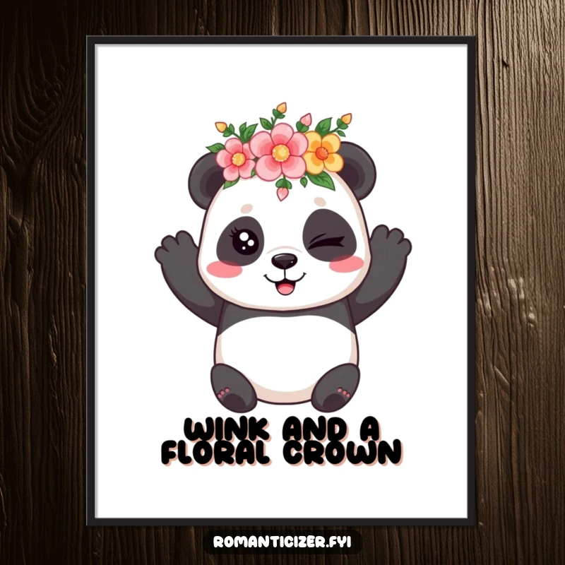 Funny Free Printable Wall Art: A playful panda wearing a crown of flowers gives a coy wink with a cheeky expression.