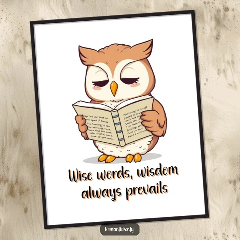 Funny Free Printable Wall Art: Whimsical owl engrossed in reading sonnets aloud, adding cultured humor and personality.