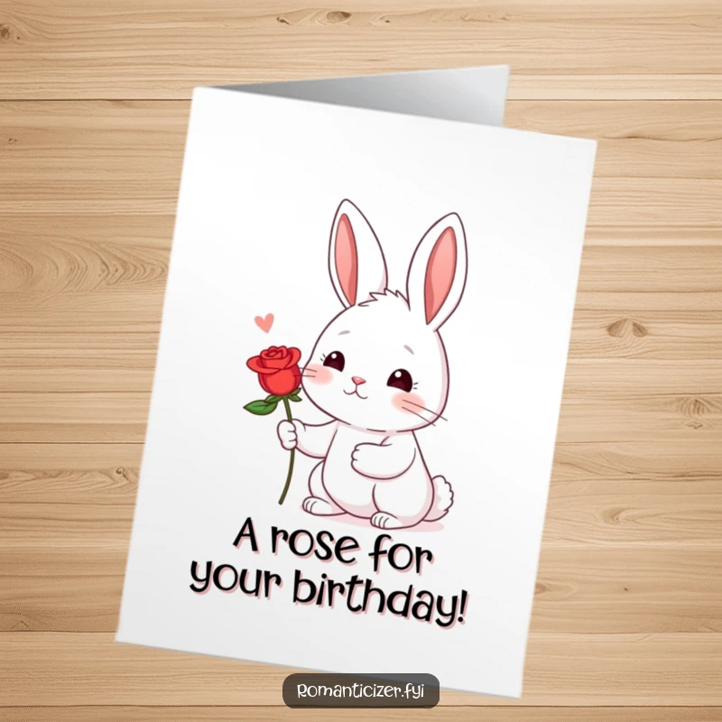 Funny Free Printable Birthday Card: Shy rabbit blushing, offering a single red rose with hopeful eyes.