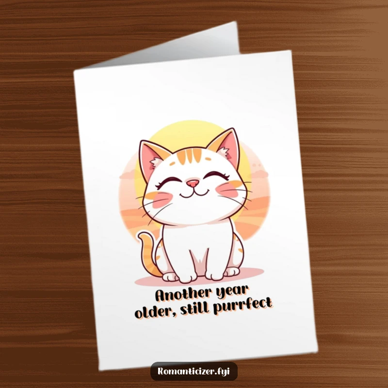 Funny Free Printable Birthday Card: A cheerful cat with a whimsical smile watches a vibrant sunset, embodying bliss.