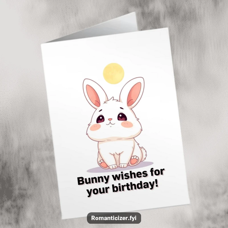 Funny Free Printable Birthday Card with a fluffy bunny gazing adoringly at the moon with rosy cheeks.