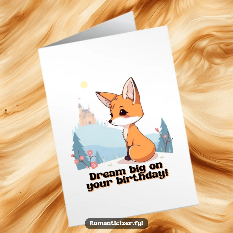 Funny Free Printable Birthday Card showing a fox wistfully gazing at a glowing castle, full of longing.