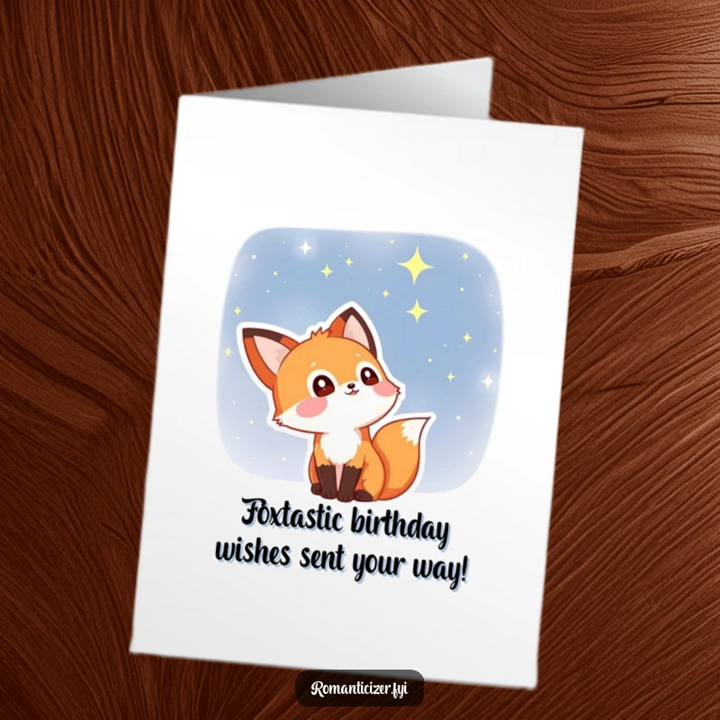 Funny Free Printable Birthday Card featuring a delighted fox with stars in its eyes gazing at a magical night sky.