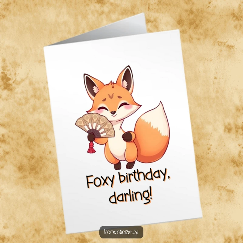 Funny Free Printable Birthday Card: Playful fox holding an ornate fan, gesturing with dramatic flair.