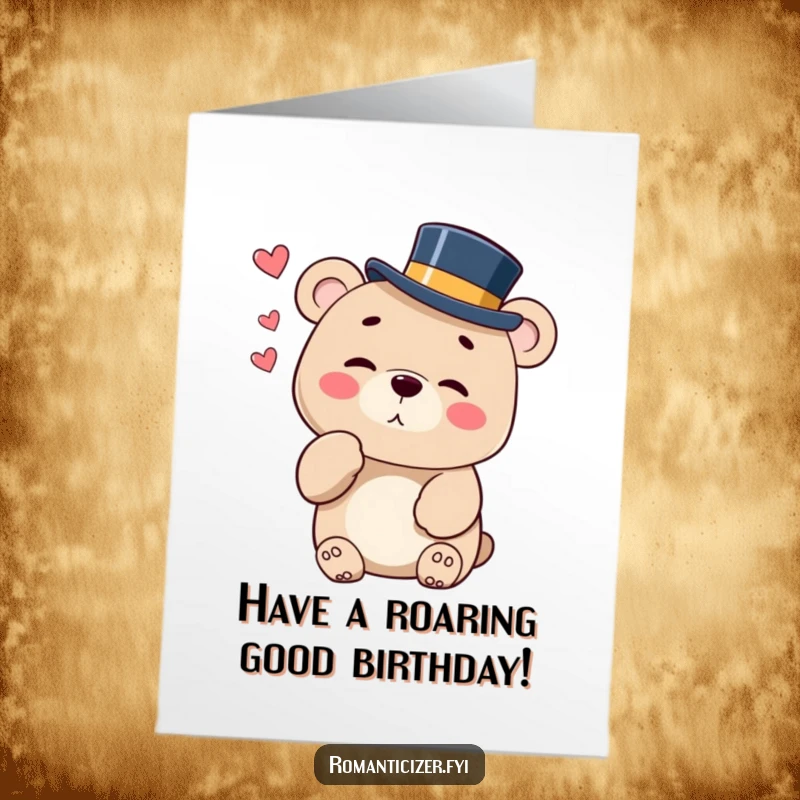Funny Free Printable Bear Birthday Card: A bear in a top hat blows a kiss with a mischievous wink, sending birthday cheer with charm.
