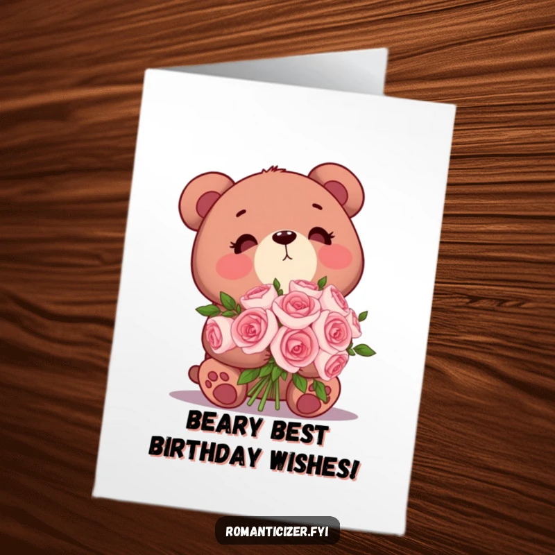 Funny Free Printable Birthday Card: Cute bear holding a bouquet of roses, gazing dreamily.