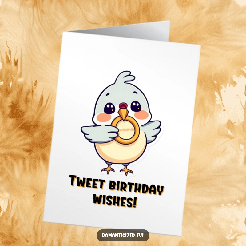 Funny Free Printable Birthday Card: An excited bird holds a shiny ring, signifying a surprise birthday gift, printable and downloadable.