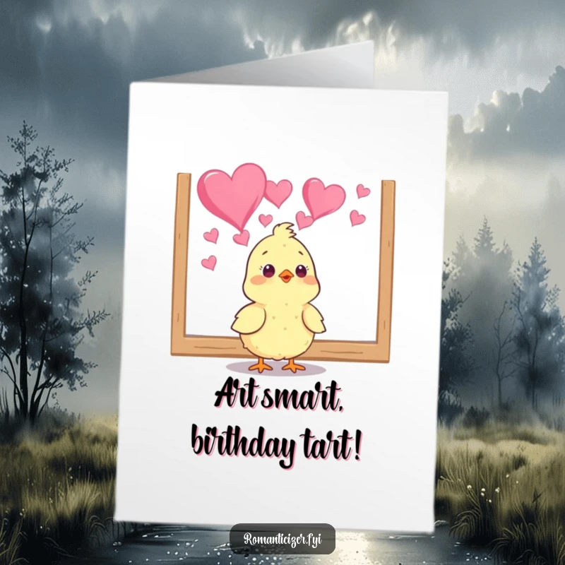 Funny Free Printable Birthday Card: A cute chick adores a painting of hearts with comical devotion, perfect for gifting.
