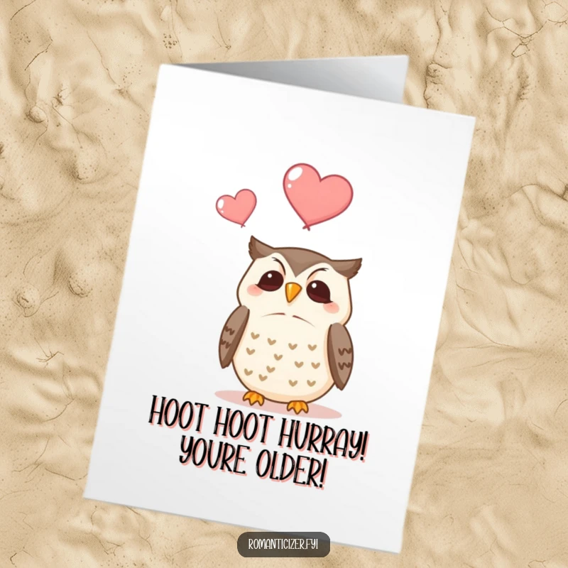 Funny Free Printable Birthday Card: Contented owl gently watches two hearts float upwards, symbolizing love and celebration.