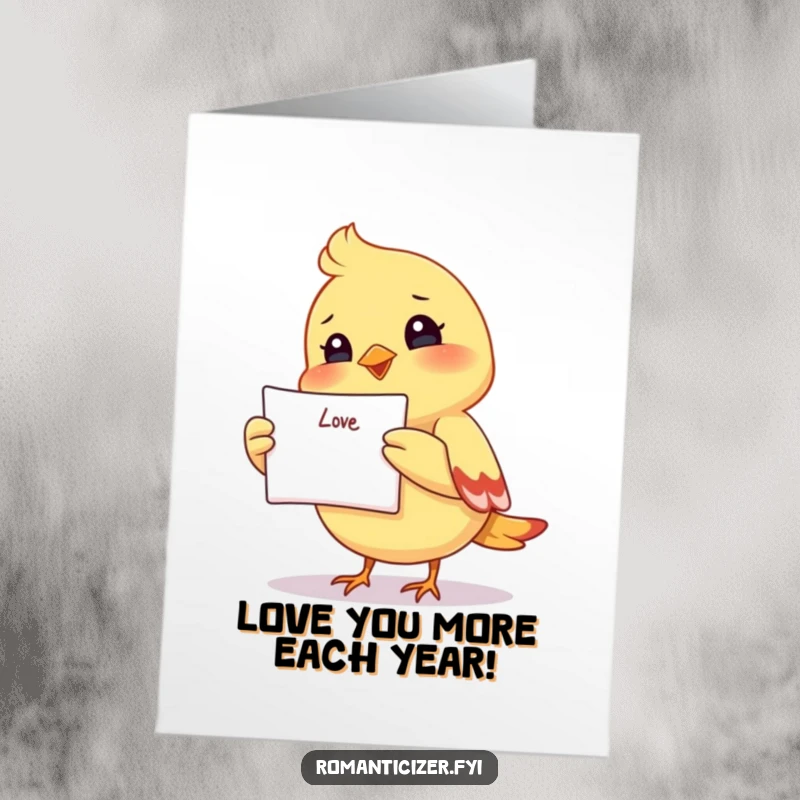 Funny free printable birthday card: A small happy bird holds a love letter up high with a big smile.