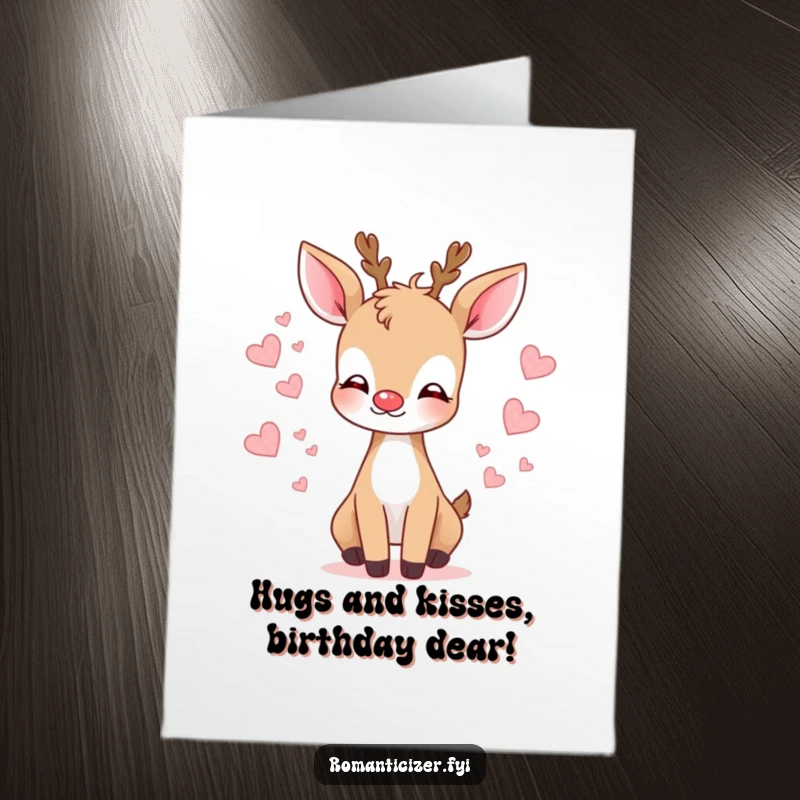 Funny Free Printable Birthday Card: Gentle deer blows a kiss surrounded by tiny floating hearts for a birthday.