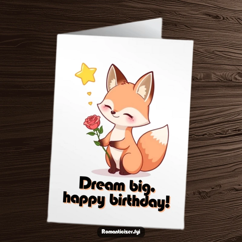 Funny Free Printable Birthday Card: Happy fox holding a rose, sighing dreamily towards a star, birthday wish.