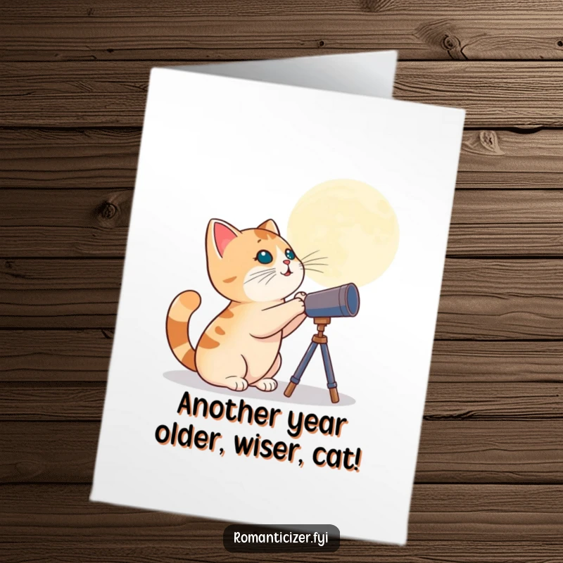 Funny Free Printable Birthday Card with a curious cat peering at the moon through a tiny telescope, ready to wish happy birthday.