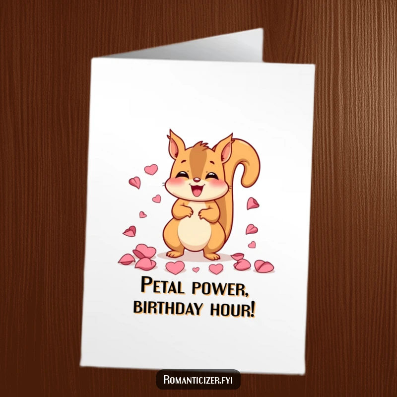 Funny Free Printable Birthday Card: Happy squirrel joyfully scattering pink rose petals, spreading cheer.