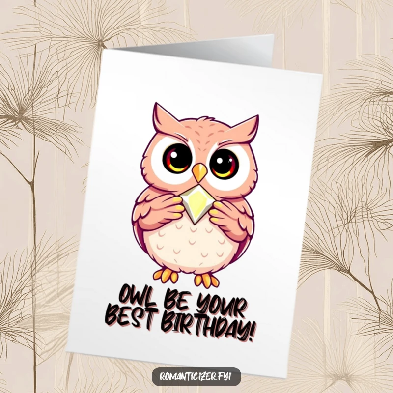 Funny Free Printable Birthday Card: A happy owl proudly presents a sparkling jewel, wishing a birthday treasure.