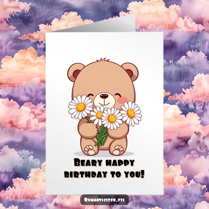 Funny Free Printable Birthday Card: A shy bear grins charmingly while holding an oversized bouquet of daisies.