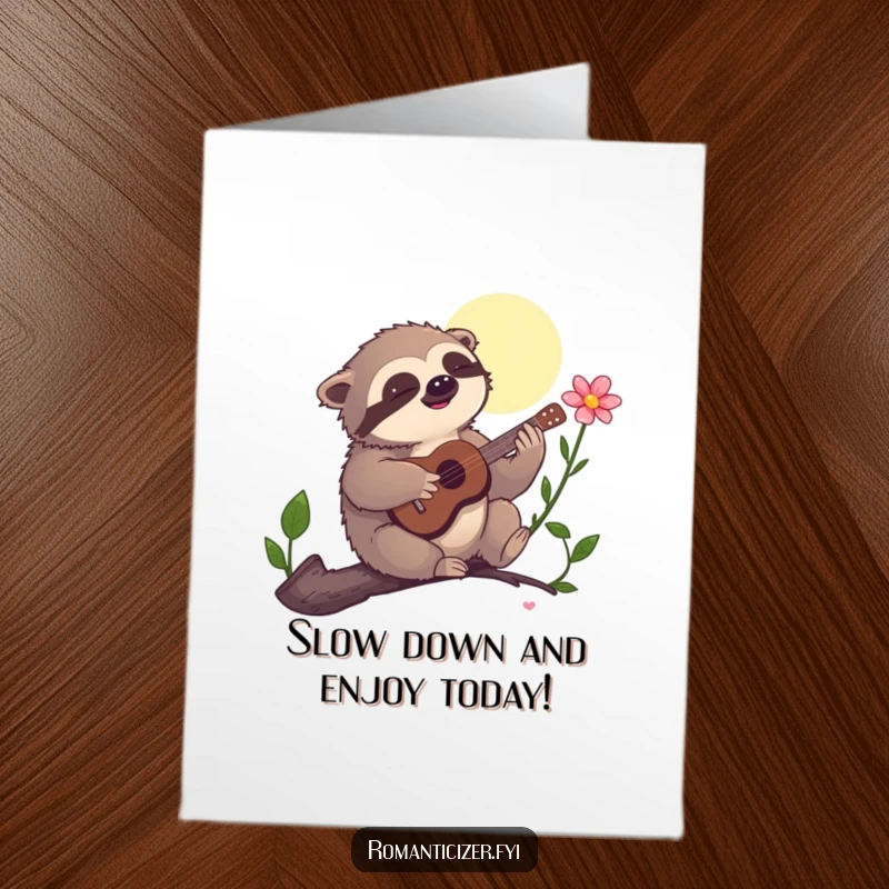 Funny Free Printable Birthday Card: A delighted sloth gently serenading a flower under the moonlight with a tiny guitar.